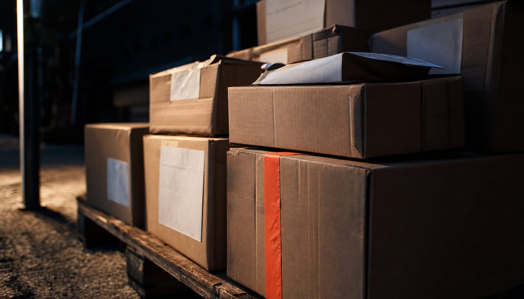 Pakketten met verzendlabels op een pallet, klaar voor de vervoerder