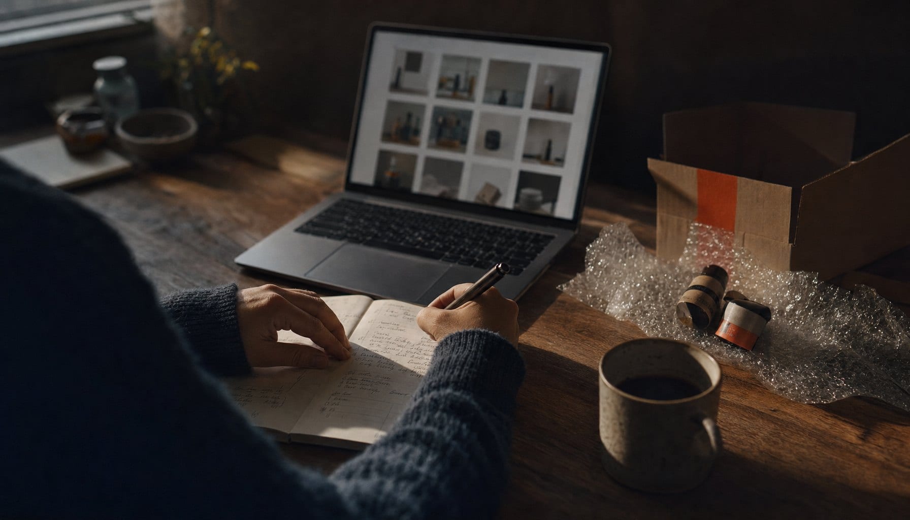 Handen aan een bureau met een laptop vol productfoto's en een notitieboek